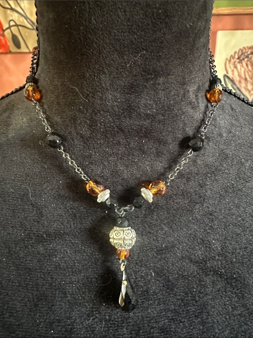 Vintage Black and Amber Beaded Pendant Necklace